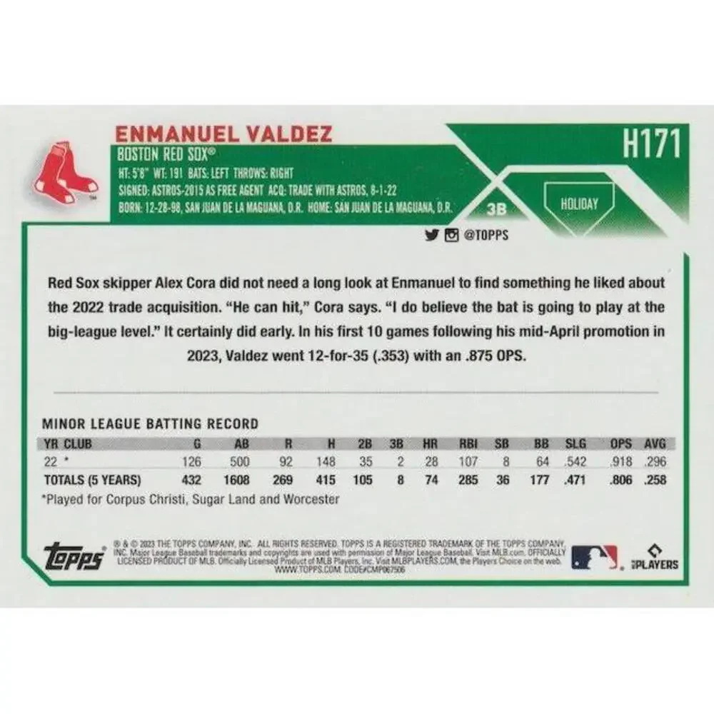 2023 Topps Holiday Enmanuel Valdez RC H171 Boston Red Sox